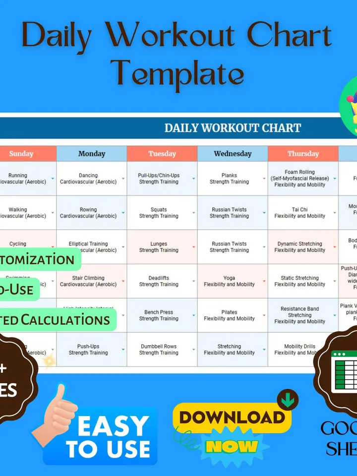 Daily Workout Chart Template, Editable Google Sheets, Fitness Planner for Tracking Exercise and Progress