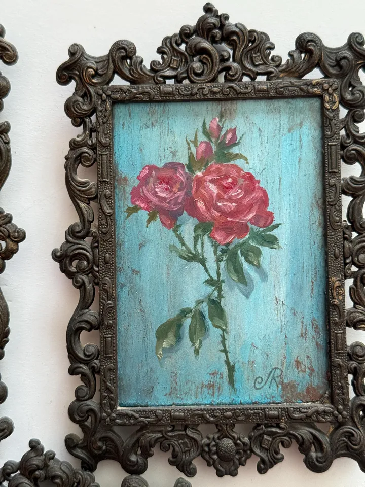 Roses Oil Painting Aceo Original Painting Framed Shabby Chic Painting