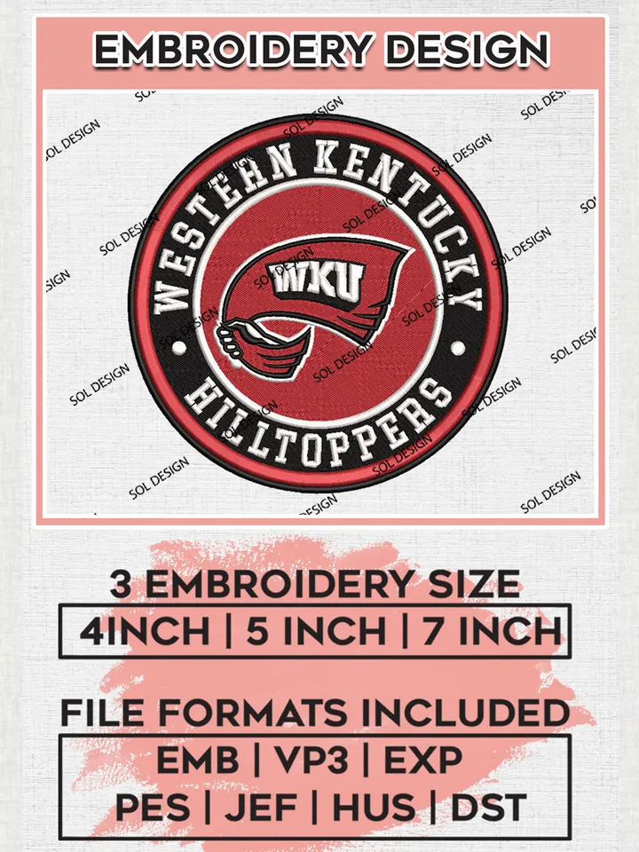 NCAA Western Kentucky Hilltoppers Round Logo Embroidery, NCAA Western Kentucky Logo Embroidery files, NCAA Teams, Machine embroidery designs, Digital Download