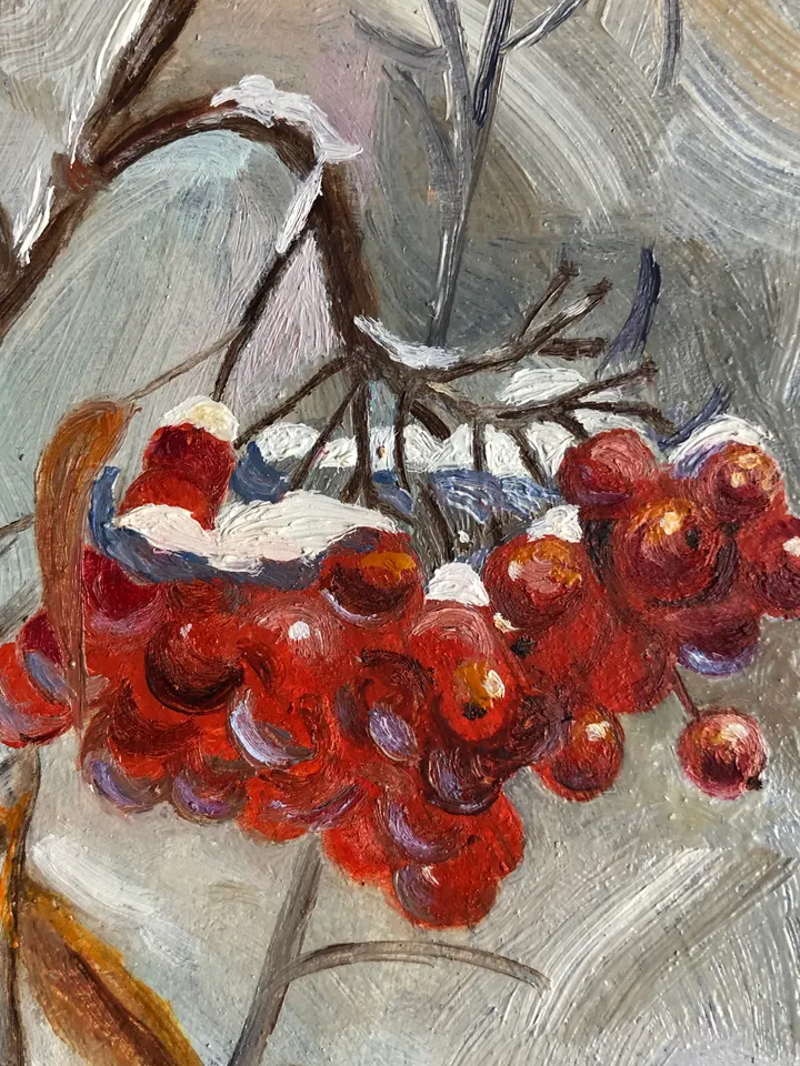 Red mountain ash original oil painting handmade wall art on cardboard 6x6 inches modern art
