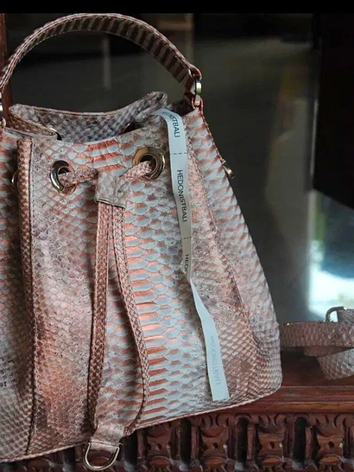 Genuine python skin peachy gold bucket crosshandle bag designer women purse | classy elegant crossbody PAULA bag | exotic leather bags |