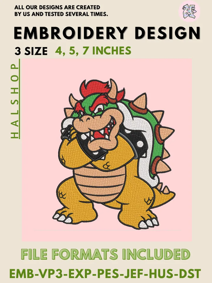 Paper Bowser Machine Embroidery Design – Super Mario Villain Digital Embroidery File 🐢🔥