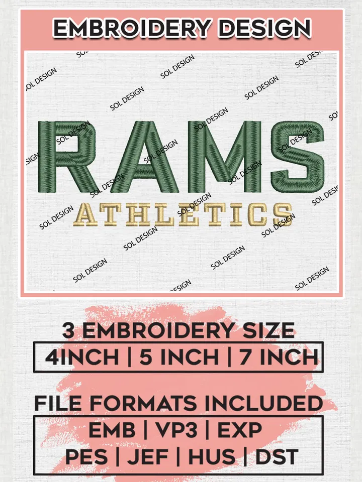 NCAA Rams Athletics Football Team Logo Embroidery Design Files, NCAA Colorado State Rams Machine Embroidery, NCAA Teams, 3 sizes, NCAA Machine embroidery designs, Digital Download