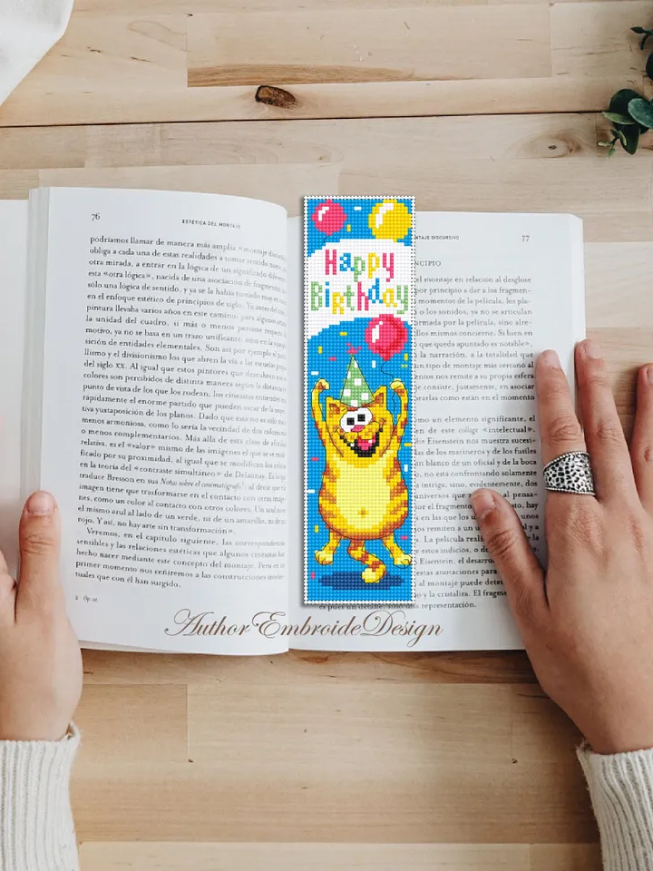 Birthday bookmark cross stitch pattern PDF download Funny cat cross stitch chart, Cat bookmark pattern digital PDF, Happy birthday #B458