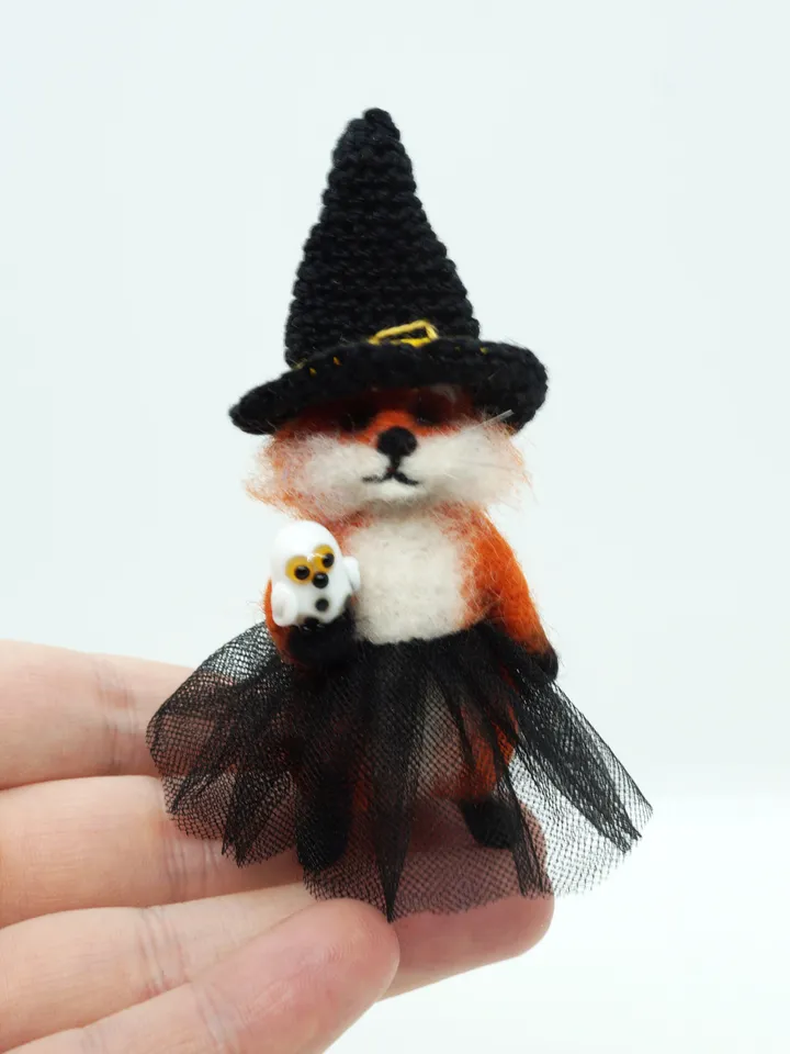 Glinda the fox, miniature needle felted fox in a witch outfit, ships from the US