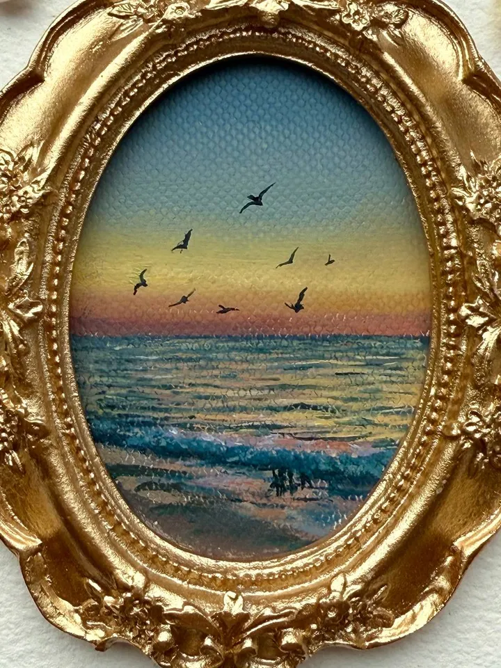 Ocean Sunset Landscape Oil Painting Original In Vintage Style Frame Small Framed Antique Style Painting Art Vintage Seascape Painting Coastal Artwork