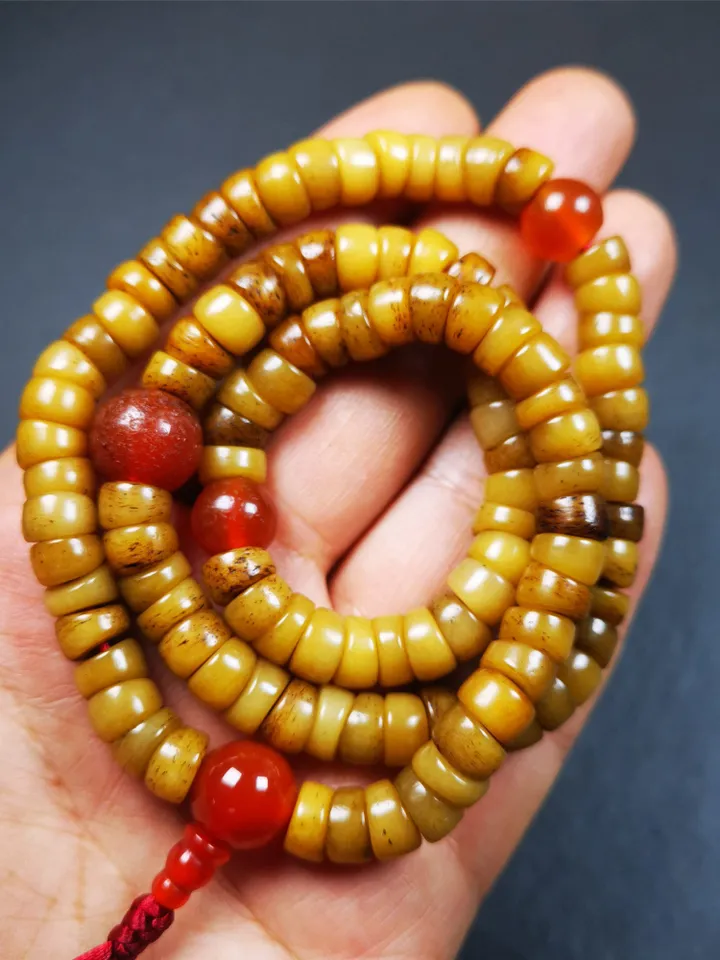 Gandhanra Old Tibetan 108 Yak Bone Mala,Bevel Cut Prayer Beads Necklace,Rosary Beads for Meditation,Diameter 0.32&quot;, Circumference 20&quot;