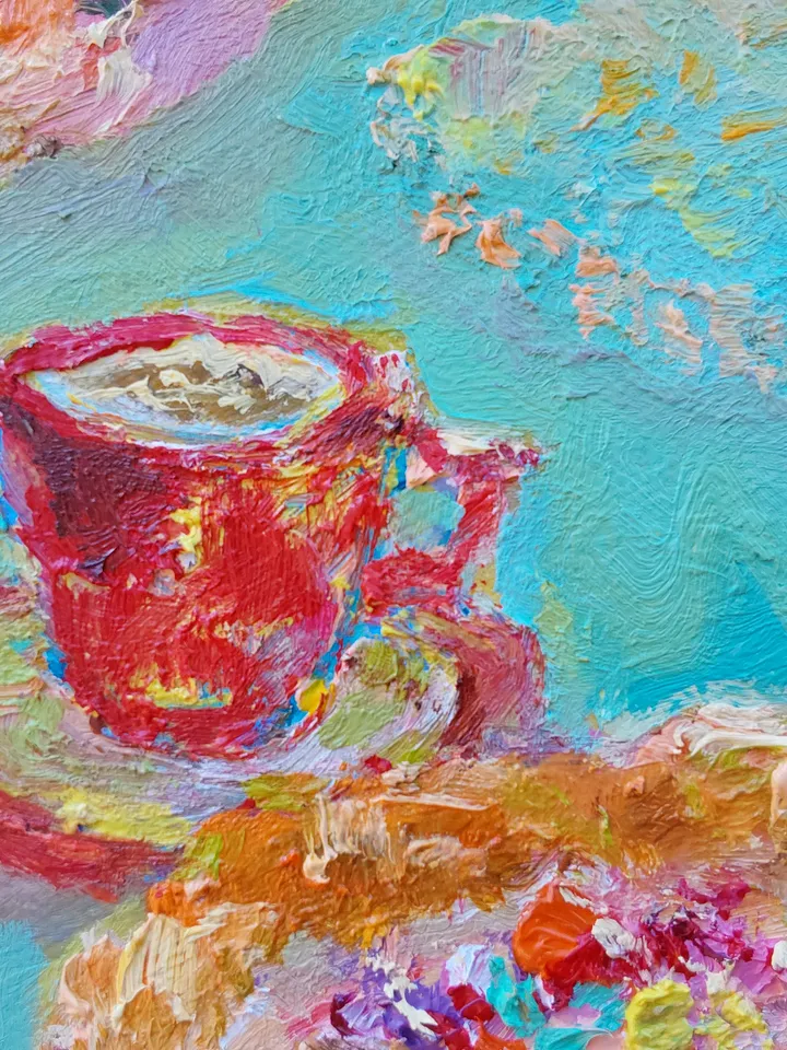 Oil painting on canvas 20x20cm (8x8inch) "Coffee. Afternoon dessert"