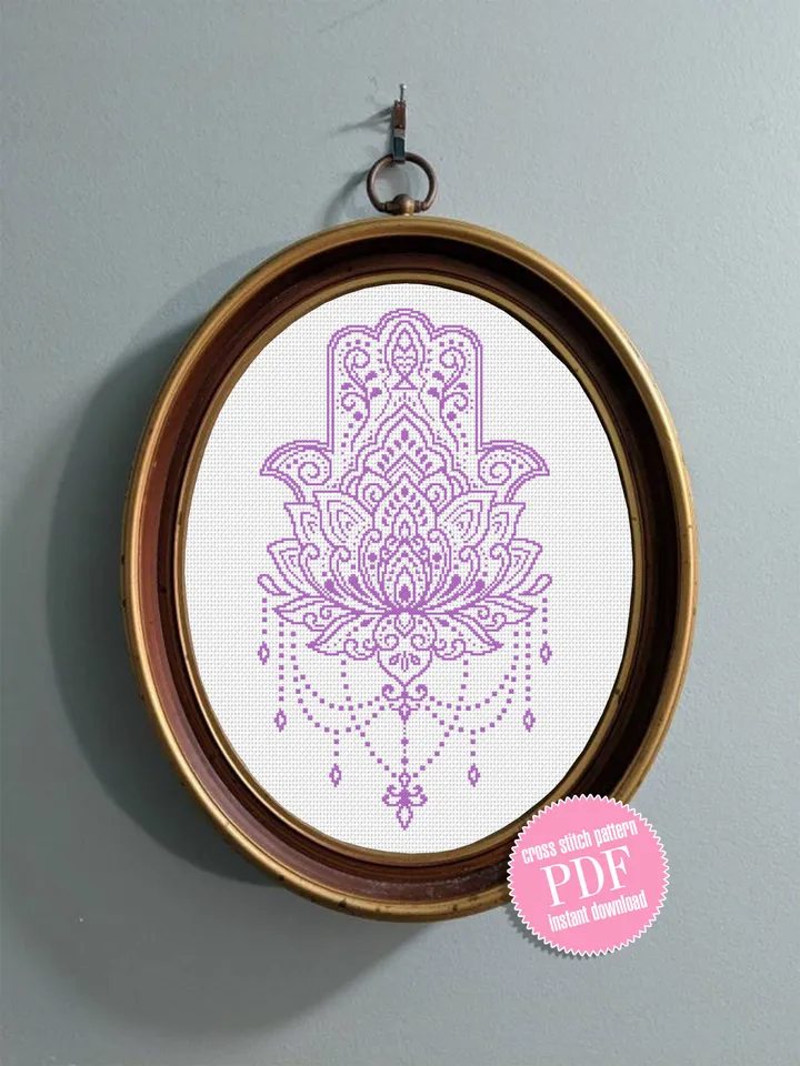 Hamsa hand cross stitch pattern PDF download Lotus mandala cross stitch chart, Hand of Fatima cross stitch, Good luck charm embroidery #M148