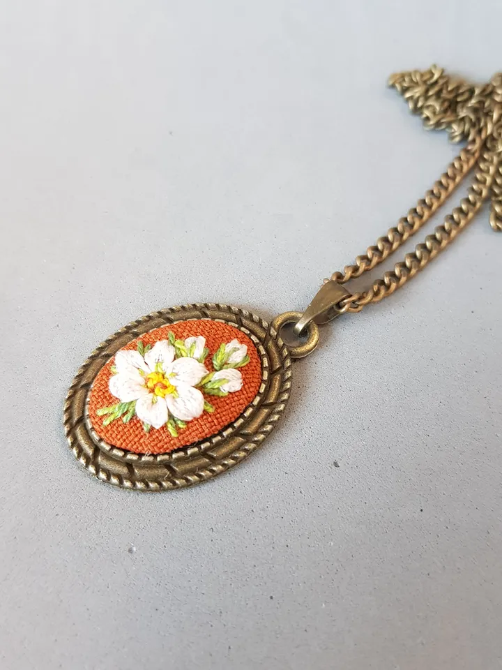 Ribbon embroidered pendant for her, handmade jewelry embroidery