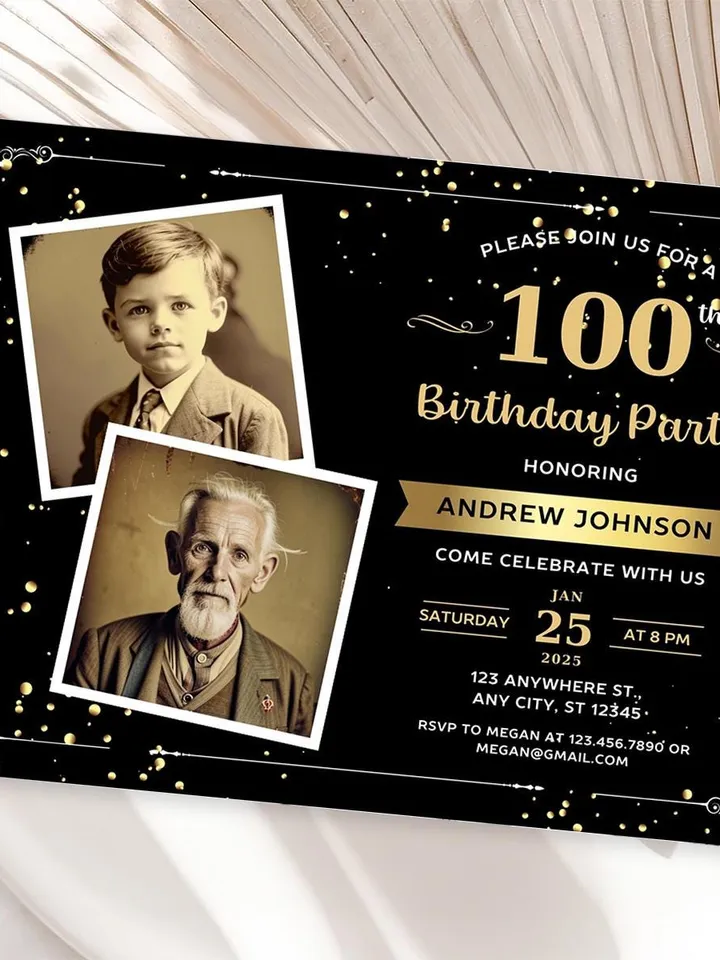 100th Birthday invitation with Photo | Adult Birthday Photo Invite | Mens birthday Black Gold landscape invitation card | Canva template