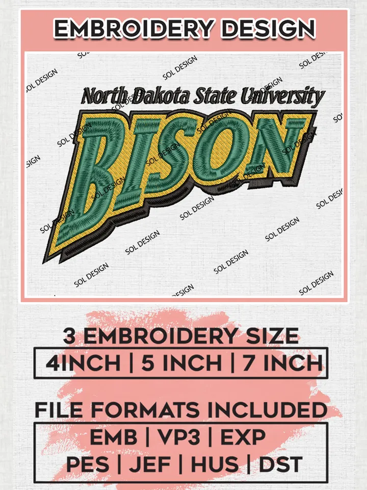 NDSU Uni.versity Bison Football Team Writing Logo Embroidery Design Files, NCAA North Dakota State Bison Machine Embroidery, NCAA Teams, Game Day, 3 sizes, NCAA Machine embroidery designs, Digital Download