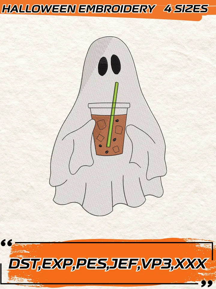 Ghost Drinking Iced Coffee Embroidery Design,Halloween Embroidery Design,4 Sizes, Digital Download