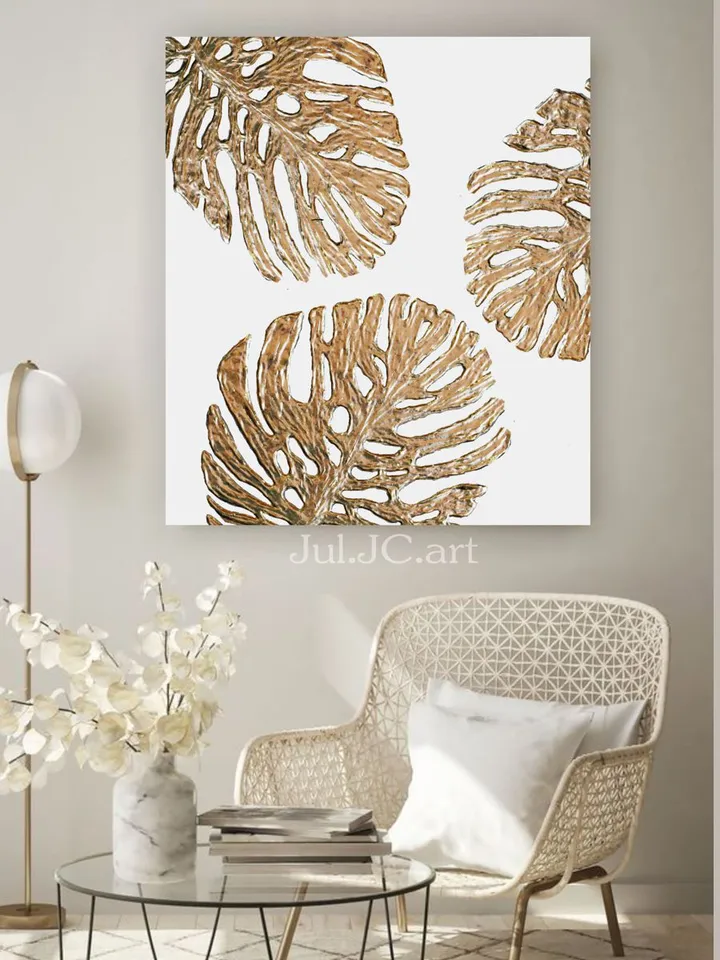 Gold Monstera leaves Painting White and Gold Abstract Wall Art | Botanical Original Art Modern artwork