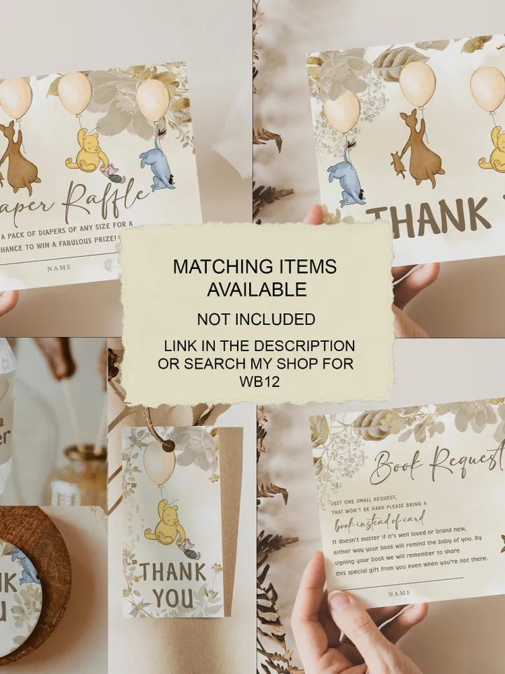 Classic Winnie Pooh Baby Shower Invitation; Neutral Baby Shower Template; Wizard Baby Shower Invite; Honey Bear Invite; Winnie Pooh wb12