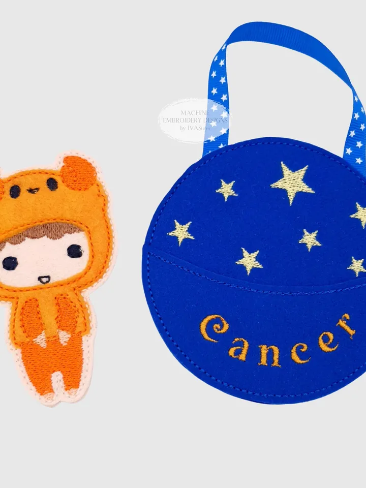 ITH Cancer Zodiac Finger Puppet & Bag Embroidery Design, Crab Star Sign Toy, 4x4 Hoop Christmas Ornament File