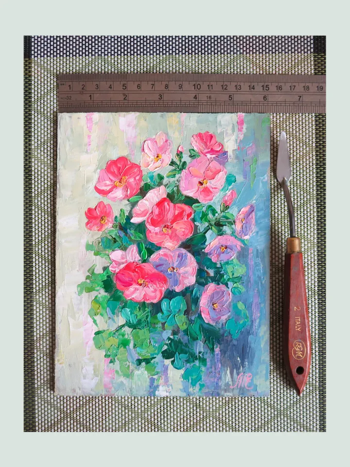 Original Oil Painting Geranium Small Artwork Abstract Flowers in Palette Knife Style Geraniums Impasto Home Decor