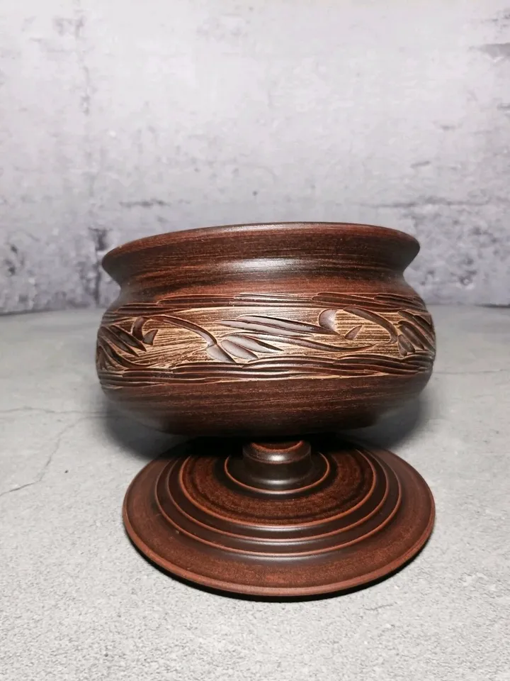 Pottery casserole. Handmade from red clay, carved pattern. Eco-friendly product