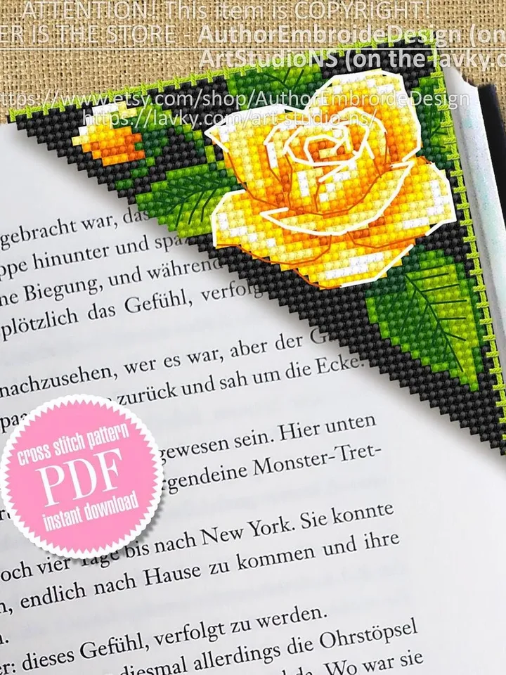 Corner bookmark cross stitch pattern PDF download Yellow rose cross stitch chart, Floral bookmark corner digital PDF, Yellow flowers #B215