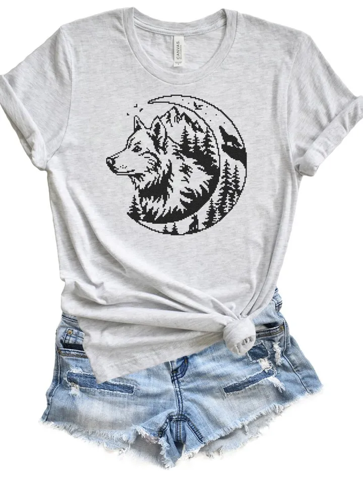 Wolf moon cross stitch pattern PDF download Silhouette wolf cross stitch chart, Monochrome nature pattern digital PDF, Forest landscape #L77