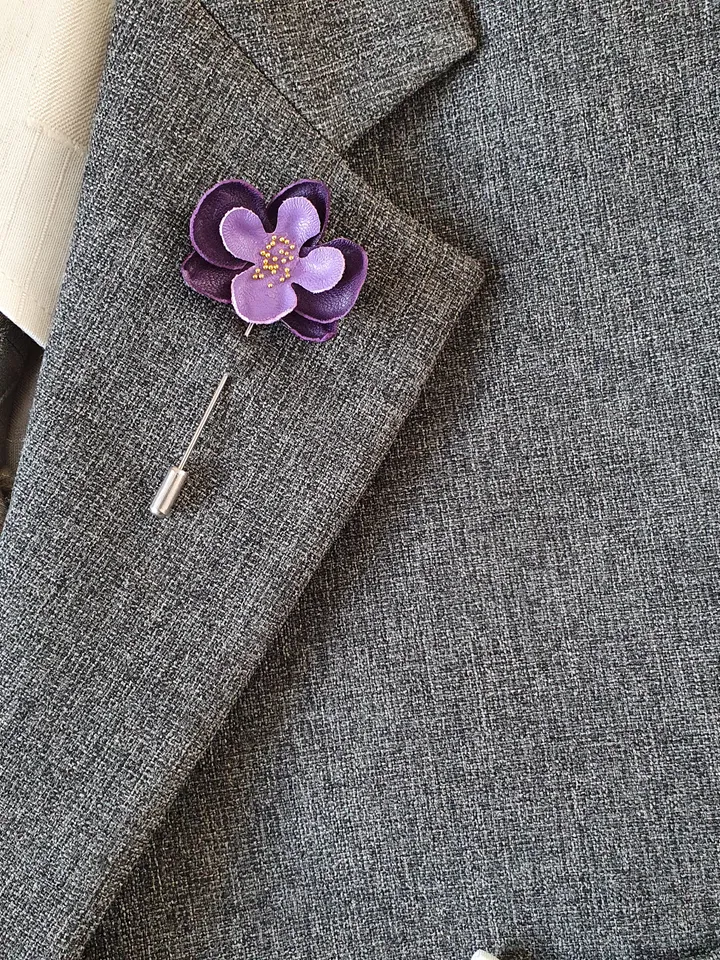 Violet orchid men's lapel pin Leather boutonniere for him 3rd anniversary gift, art.27