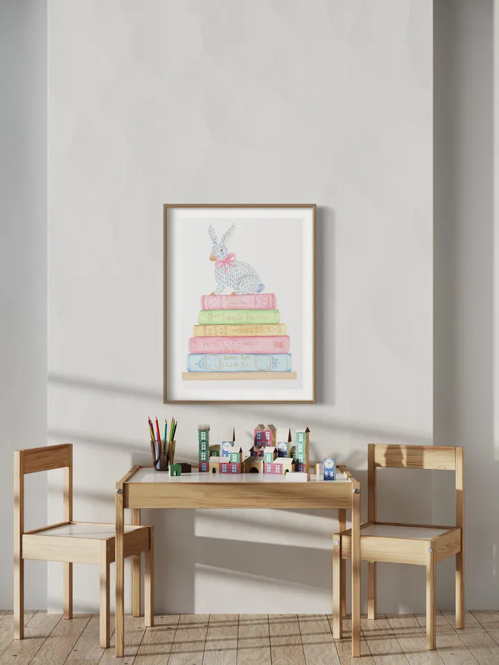 Book And Rabbit Watercolor Painting Print, Gift For Books Lover, Children Book, Book Lover Decor, Stack Of Books,Cute Baby Bunnies Art Print