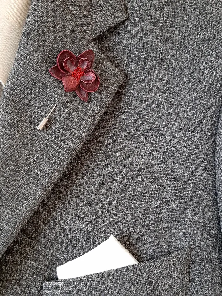 Bordo orchid men's lapel pin Leather boutonniere for him 3rd anniversary gift, art 17