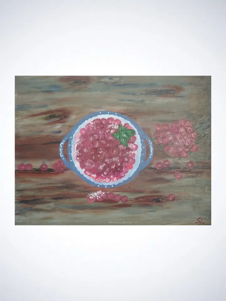 Still life with fruits, plate with cranberries in sugar on wooden table, painting for kitchen, canvas 18x14 inches