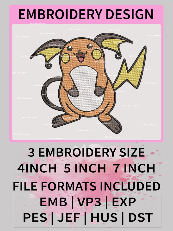 Pokemon Raichu Embroidery Design, Pokemon Dmbroidery, Anime Design, Embroidery file, Digital download