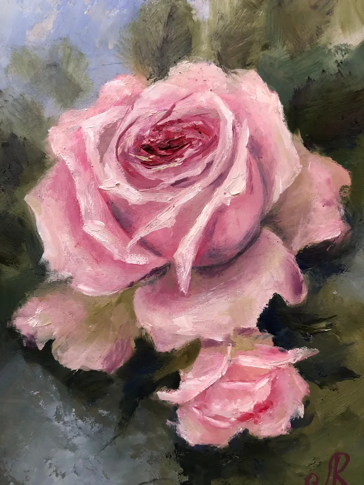 Pink Roses Painting Framed Antique Metal Frame Shabby Chic Painting