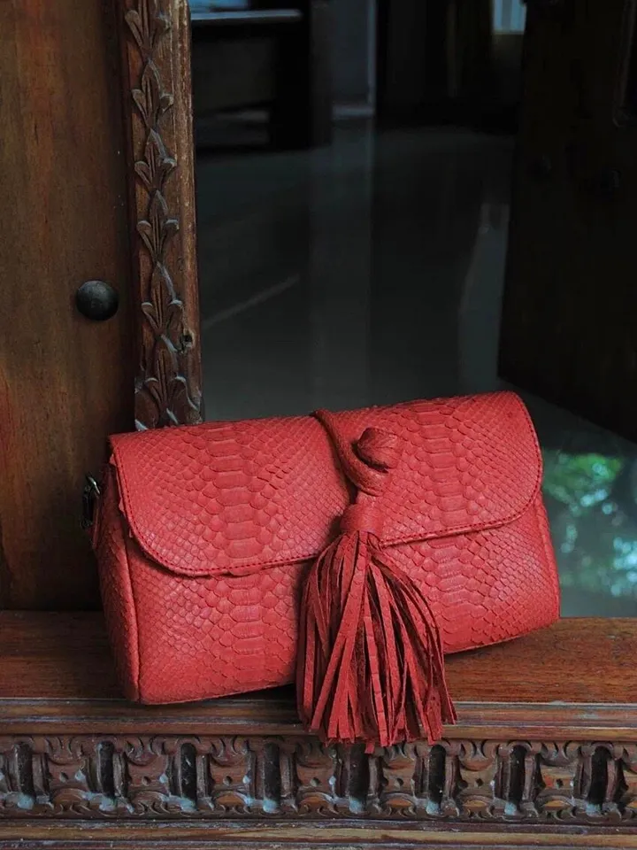 Genuine Python Skin Clutch with tassel |women purse | exotic leather bags | red classy evening clutch | designer crossbody bag handmade
