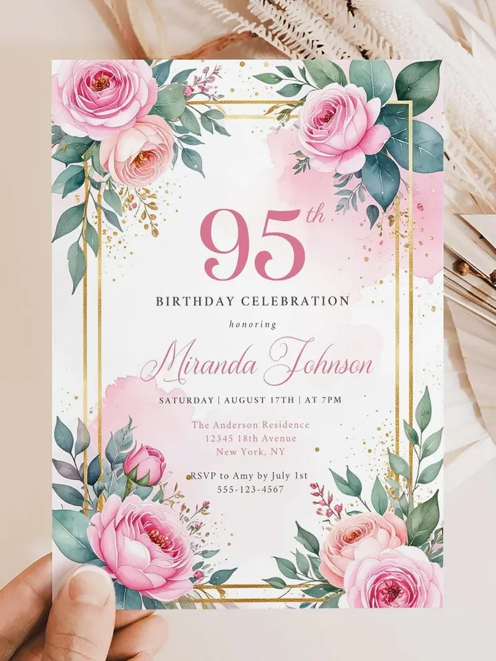95th Birthday Invitation for Women – Pastel Dusty Pink Floral & Gold, Elegant Printable Party Invite for Grandma or Mom, Canva Template