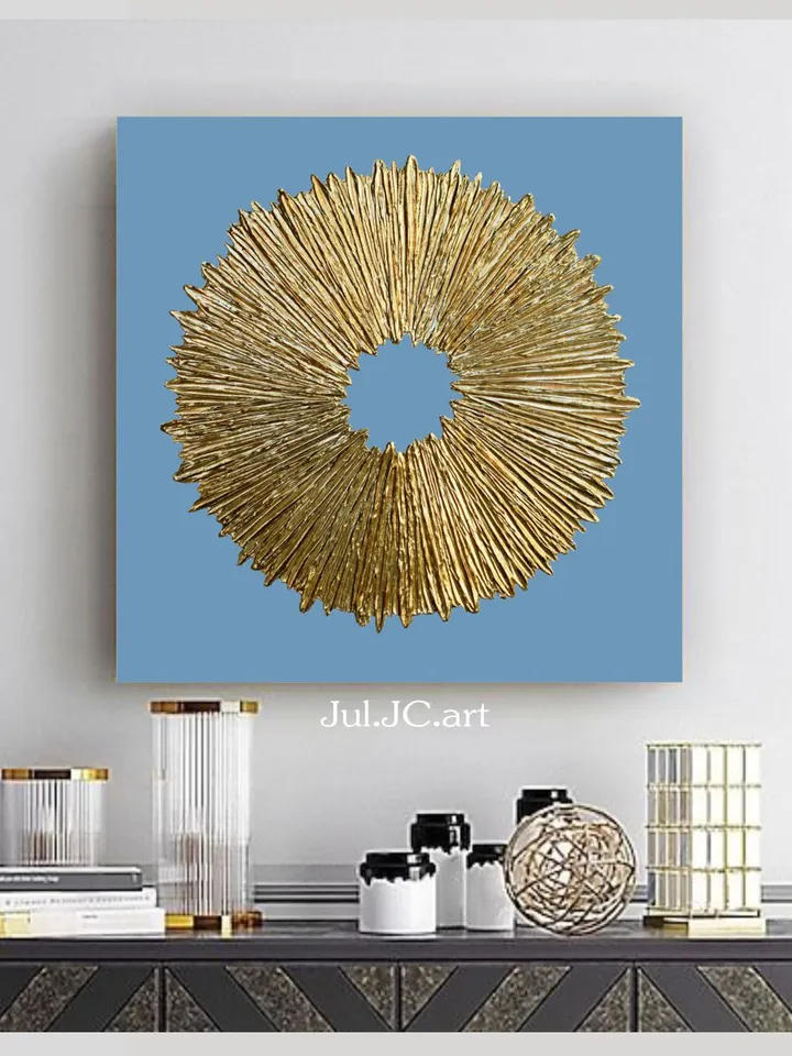 Gold and Blue Abstract Painting Textured artwork Sunburst Original Art Gold Sun painting on canvas | Above couch decor