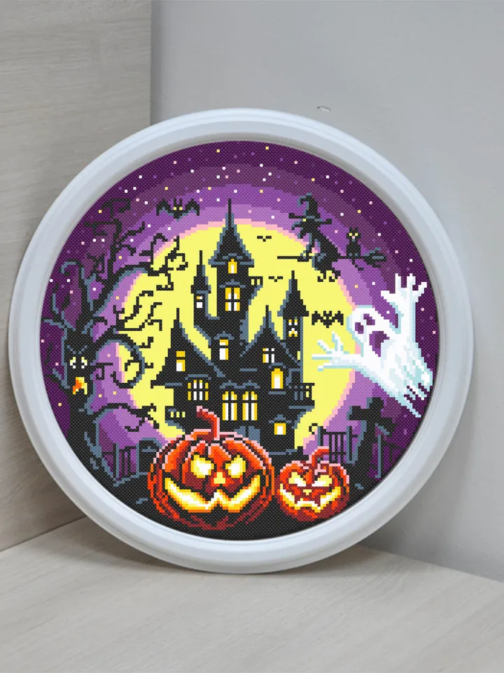 Halloween cross stitch pattern download PDF Spooky haunted house cross stitch chart, Halloween pattern digital PDF, Ghost, Pumpkin #H7