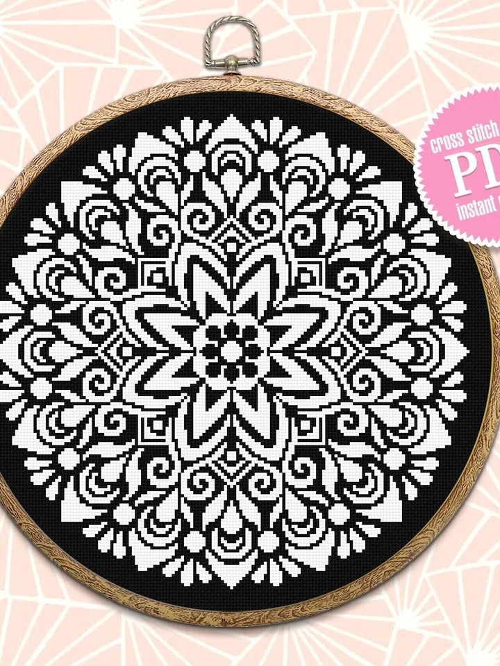 Monochrome mandala cross stitch pattern PDF instant download Mandala ornament cross stitch chart, Flower mandala pattern digital PDF #M175