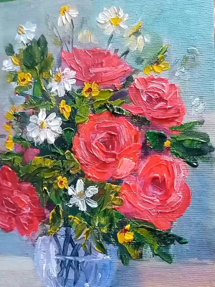 Red Roses Original Oil Painting Rose Flower Painting Wall Art Red   Red Flower Wall Decor Small Art Rose Original Art impasto artwork