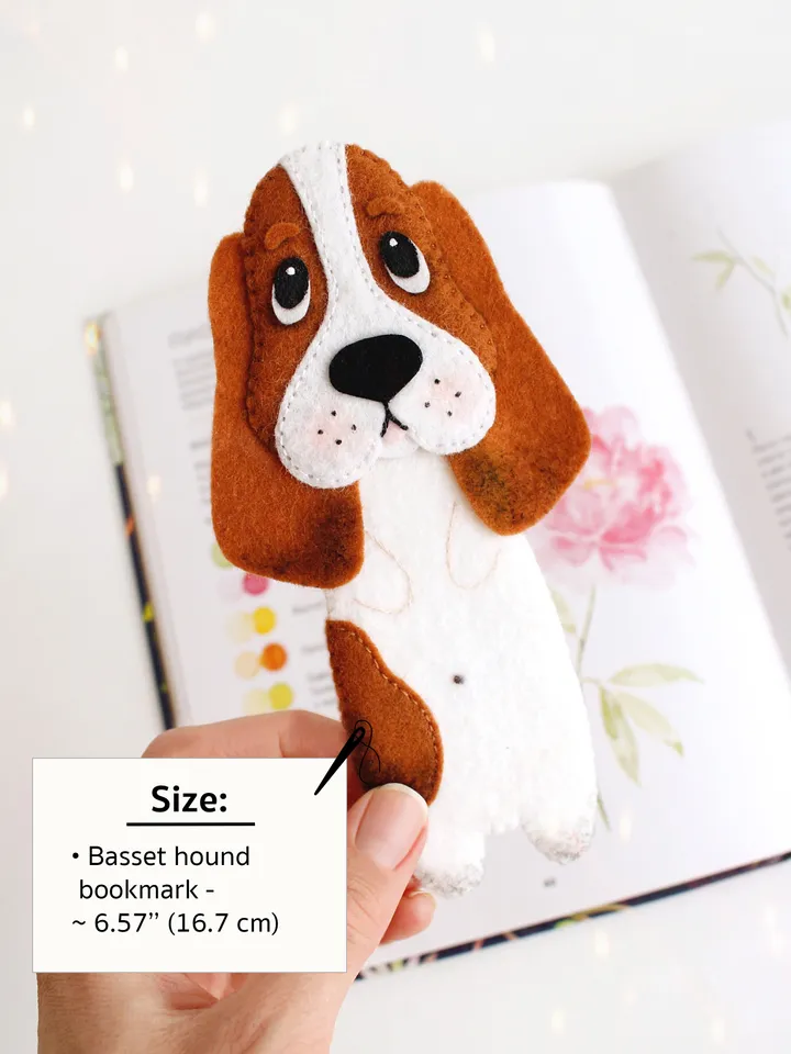 Felt long Basset hound bookmark hand sewing PDF tutorial with patterns. DIY dog breed bookmark. Book and pets lover gift. Felt school supplies
