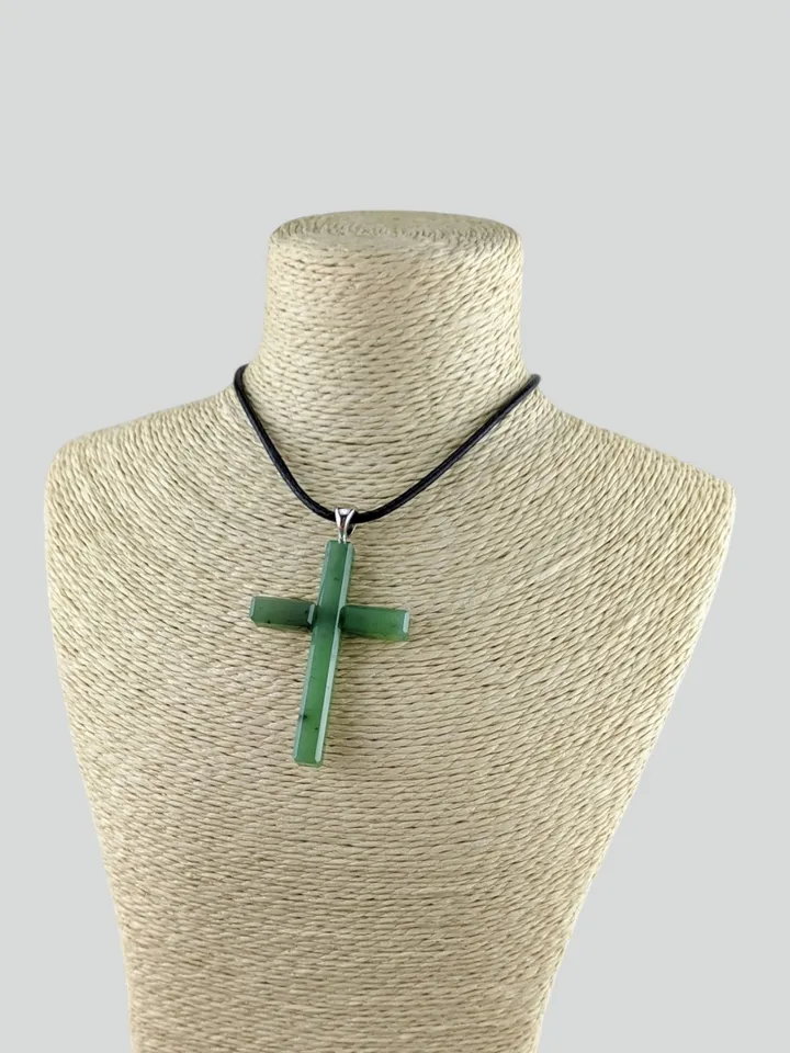 Green jade christian cross pendant religious spiritual jewelry.