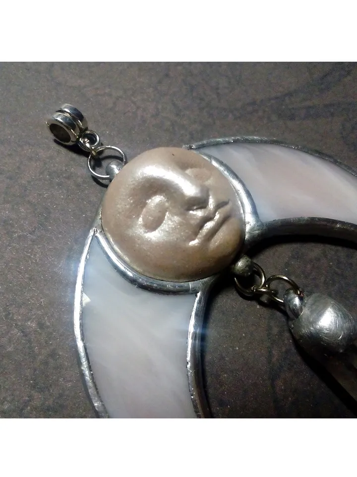 Stained glass moon, Moon Goddess, Moon phase necklace, Stainglass crescent, Full moon pendant, Moon face necklace