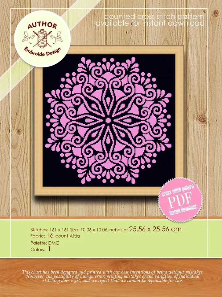 Mandala cross stitch pattern download PDF Flower mandala pattern digital Monochrome cross stitch chart Floral ornament embroidery PDF #M104