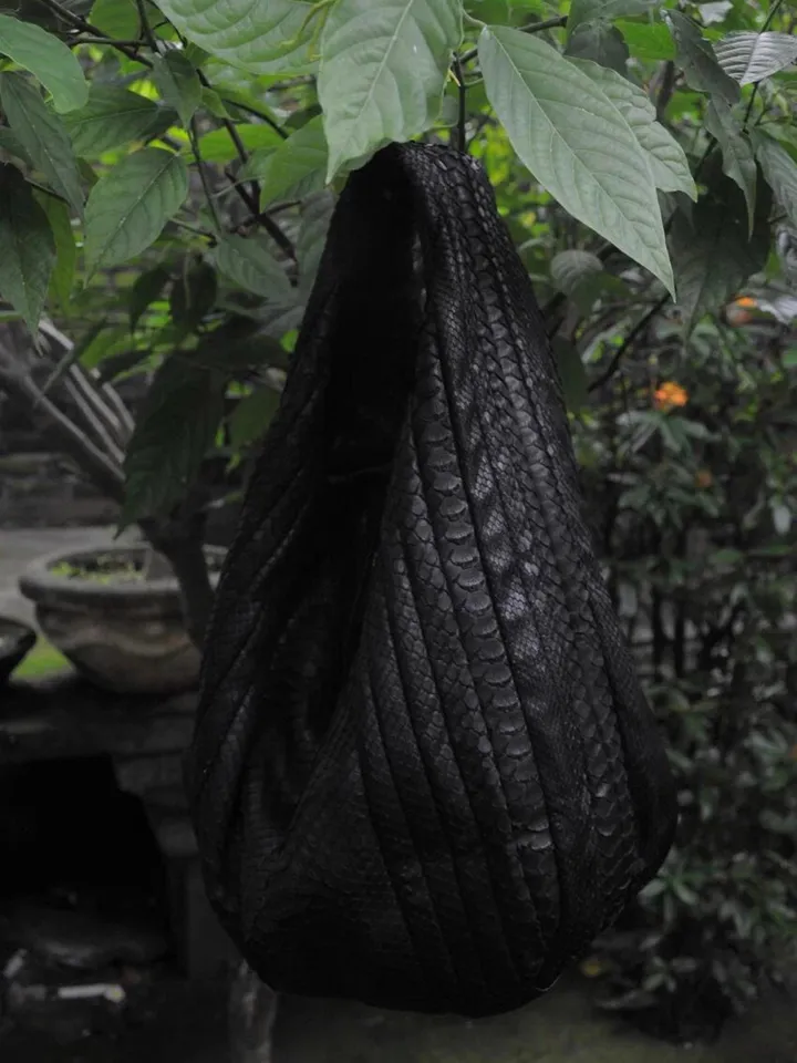 Big Soft Hobo Classy Sport Woman Stitched Bag | Purse Genuine Python Skin | Black Big Elegant Leather Designer Soft Bag Snake | reptile hobo