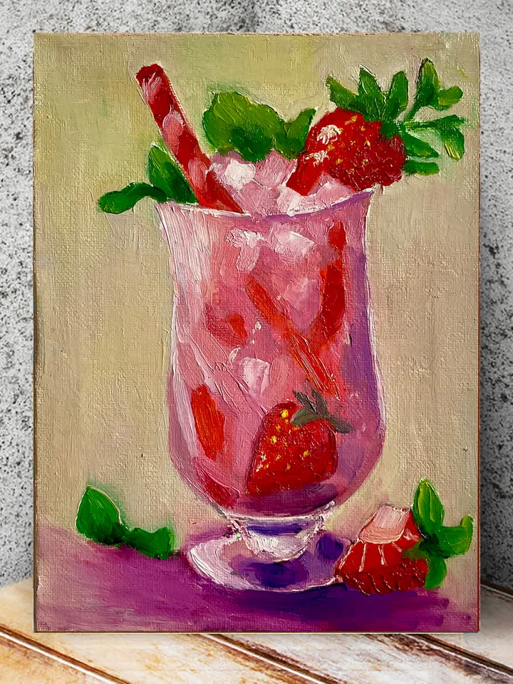 Strawberry Cocktail Oil Painting on Canvas Hand Painted Small Original Artwork, Drink art Still Life painting Perfect Bar and Kitchen Decor 8"x6"