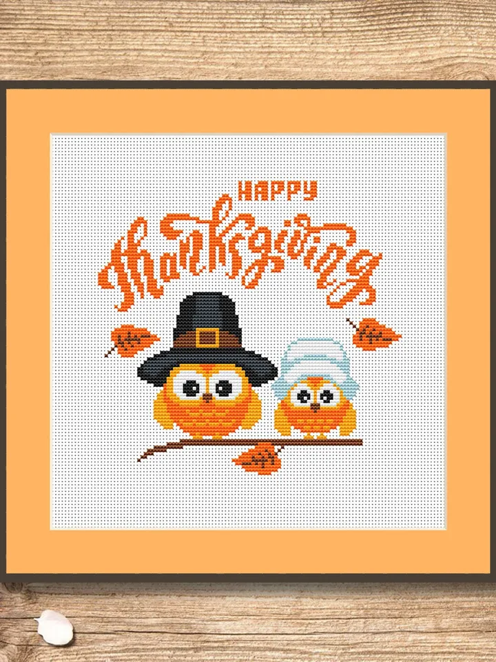 Happy Thanksgiving Cross Stitch Pattern, Thanksgiving Cross Stitch Pattern, Owl Cross Stitch Pattern, Thanksgiving Owls #hld007