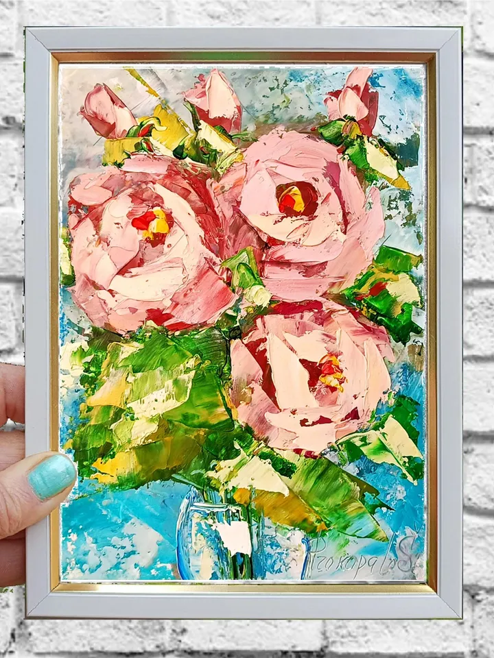 Roses painting Flowers original oil painting Small Original art Roses wall art Pink Roses artwork Floral New home gifts 7x5 in