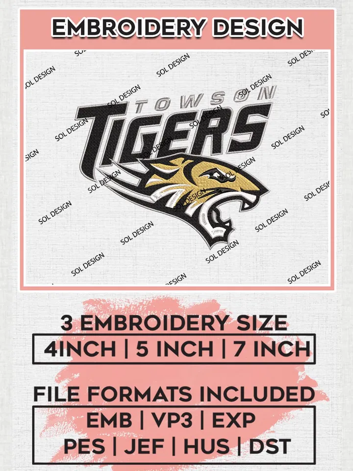 NCAA Towson Tigers embroidery design Files, NCAA Towson Tigers Embroidery designs, NCAA Teams, 3 sizes, Machine embroidery designs, Digital Download