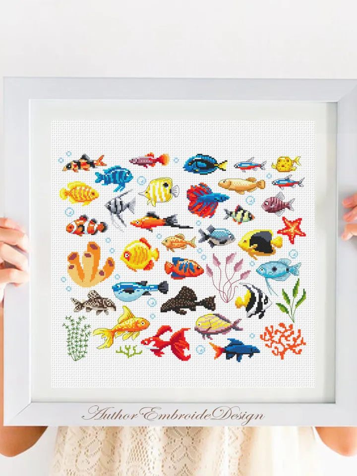 Aquarium fish cross stitch pattern PDF download Fishes sampler cross stitch, Tropical fish pattern digital PDF, Fish needlepoint canvas #K36
