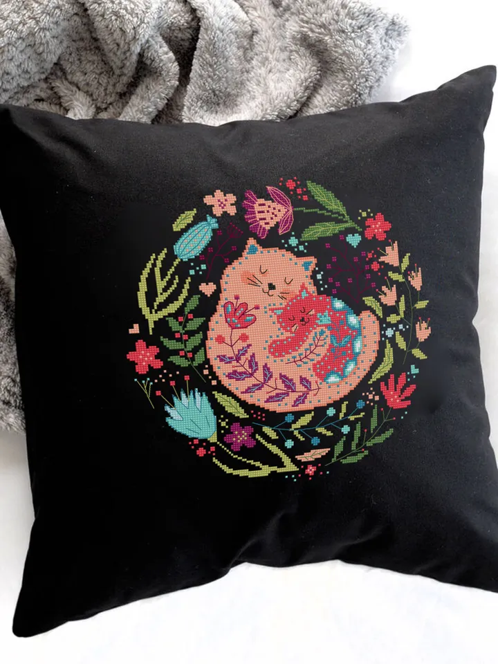 Floral cats cross stitch pattern PDF download Scandinavian folk cross stitch chart Nordic cross stitch Scandinavian ornament embroidery #K25