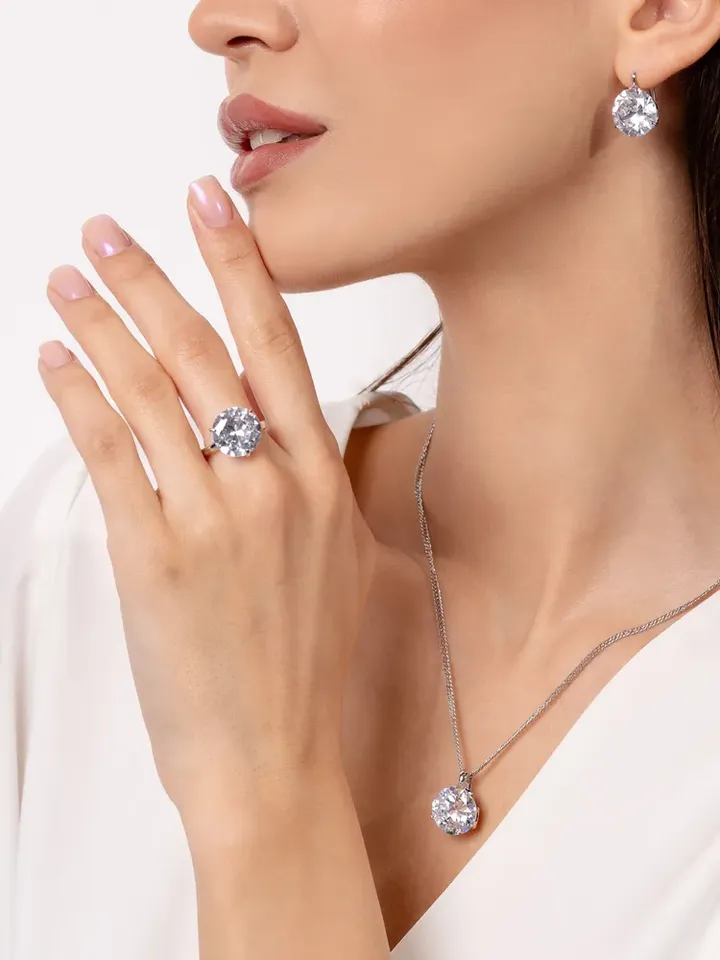 Rhodium plated ring with large cubic zirconia 14 mm made of 925 silver
