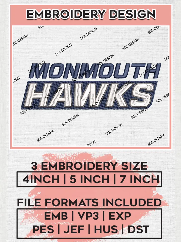 NCAA Monmouth Hawks College Football Team Wordmark Logo Embroidery Design Files, NCAA Monmouth Hawks Machine Embroidery, NCAA Teams, Game Day, 3 sizes, NCAA Machine embroidery designs, Digital Download