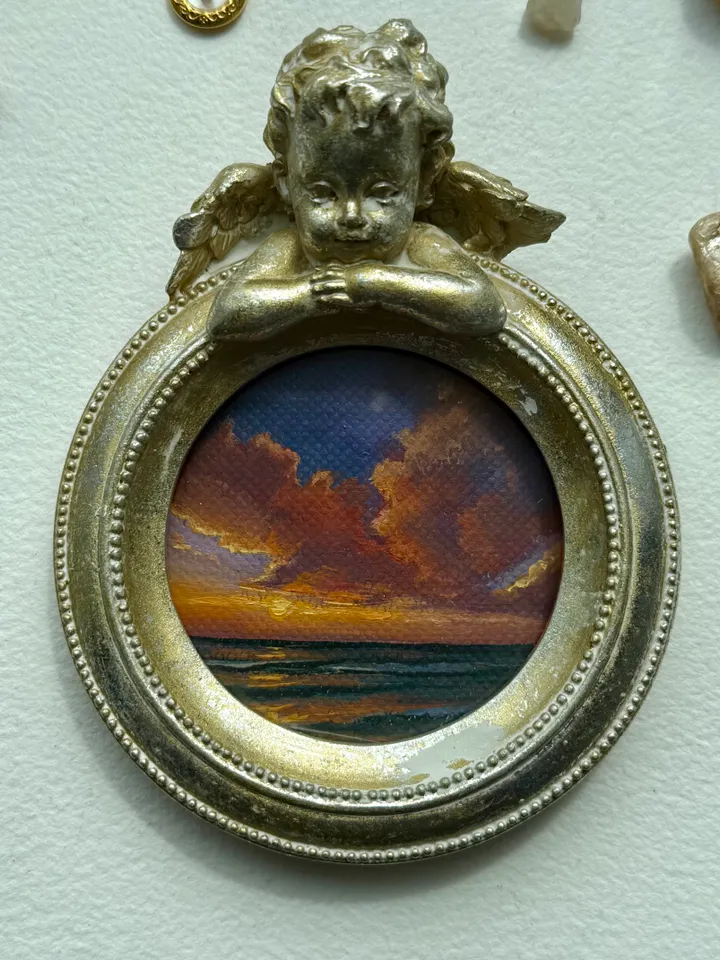 Small Landscape Oil Painting Framed Original Colorful Pink Clouds Antique Ocean Art Coastal Antique Frame Tiny Paintings 4 x 4 Art Victorian artwork